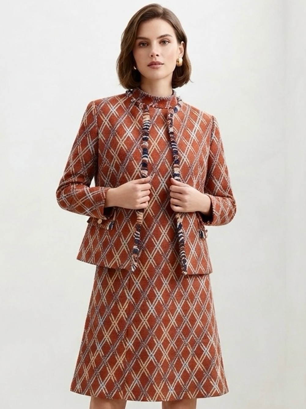 VINTAGE 60s Rust Diamond-Pattern Jacket & Dress Set
